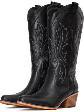 Women's Black Mid Calf Snip Toe Western Cowgirl Faux Leather Heeled Boots